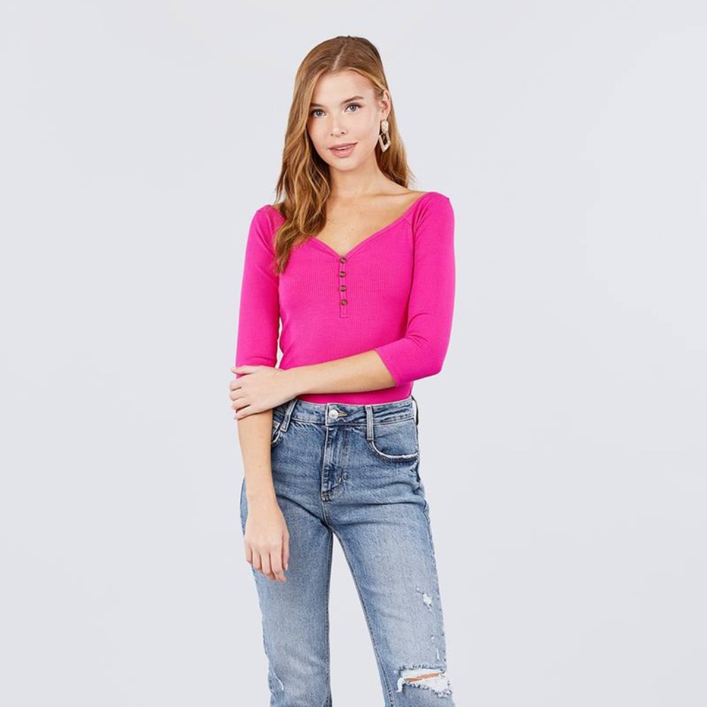 3/4 Short Sleeve Button Down Detail Top
